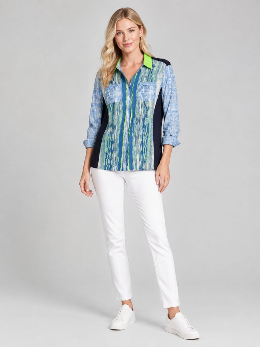 2/$30 TAHARI Mixed Media Zip-up Shirt Chambray Blue Multi XL #A4841